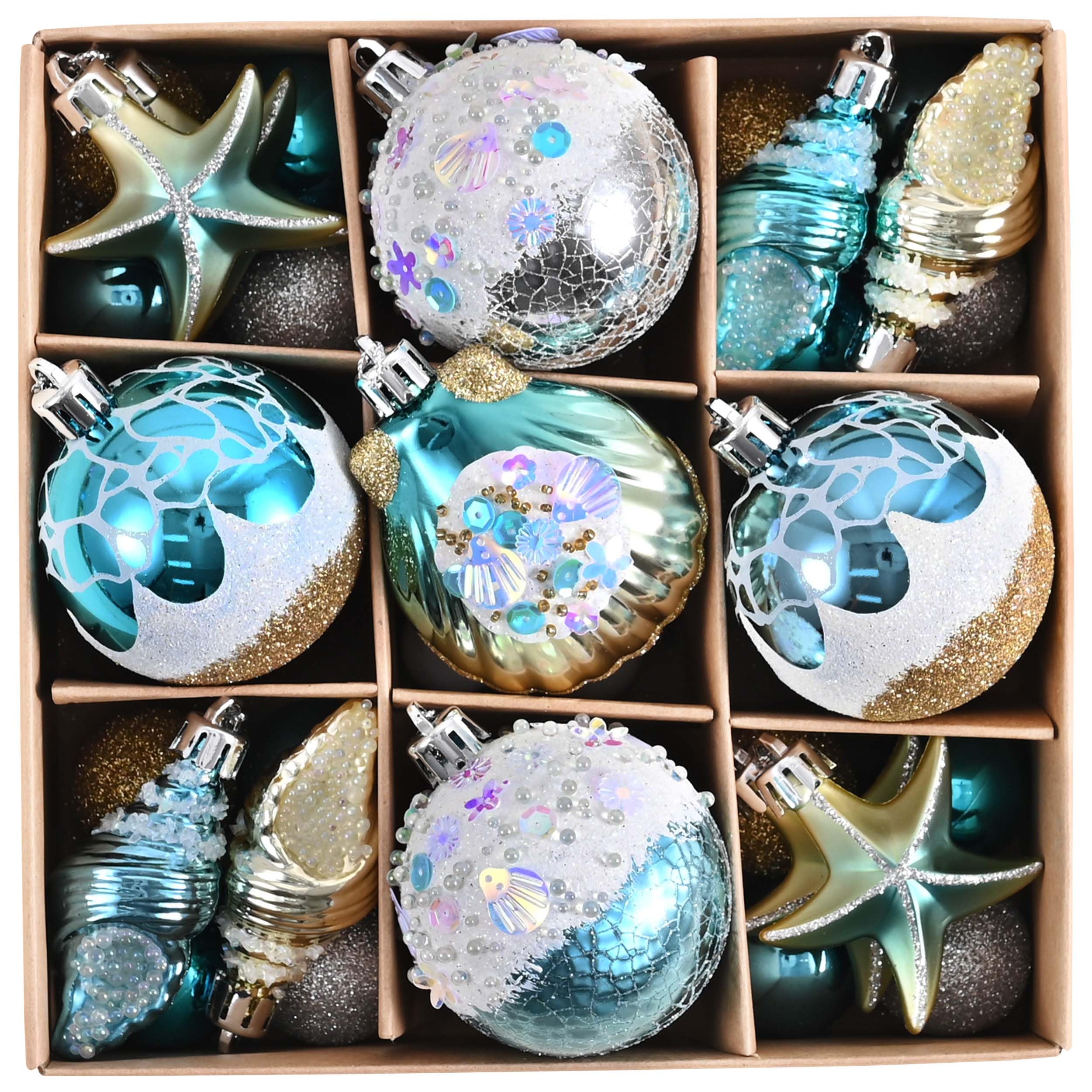Valery Madelyn Summer Tree Ornaments starfish accents brighten coastal mantel decor.