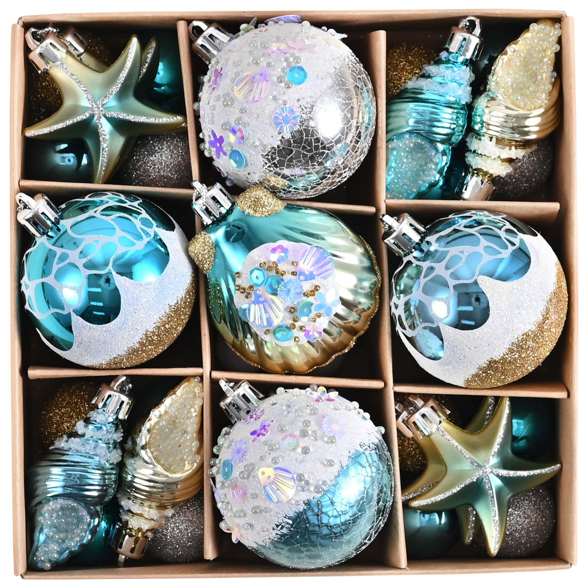 Valery Madelyn Summer Tree Ornaments starfish accents brighten coastal mantel decor.