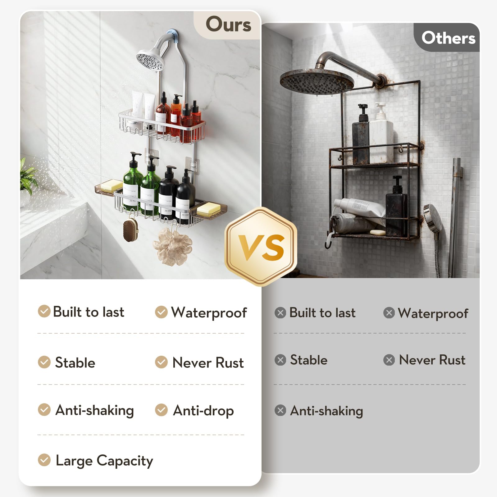 VALORDINE rustproof aluminum shower shelf keeps bathroom clutter rust-free.