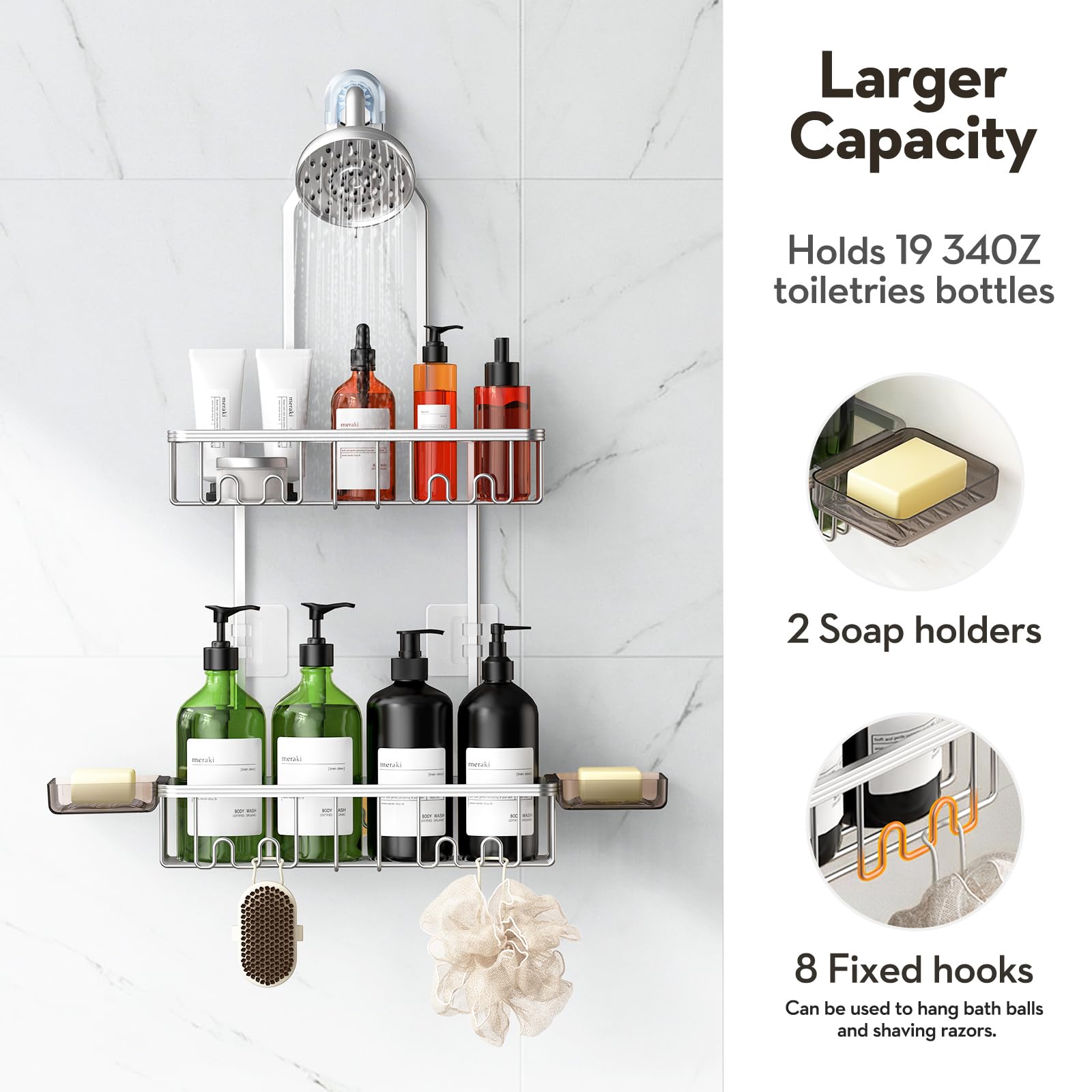 VALORDINE two-tier shower caddy baskets hold shampoo and gel neatly.