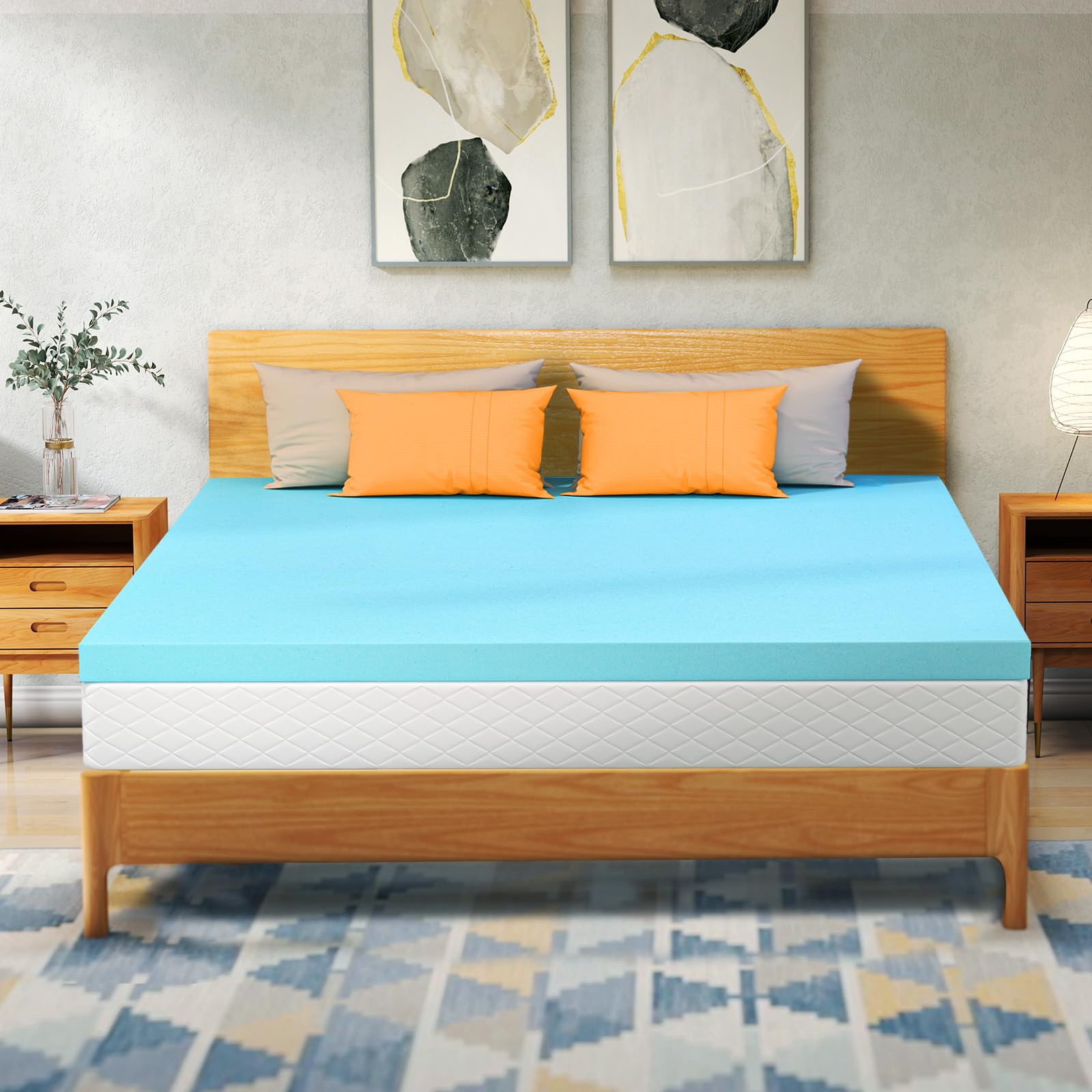 VALUXE King Mattress Topper blue cover close-up emphasizing breathable surface.