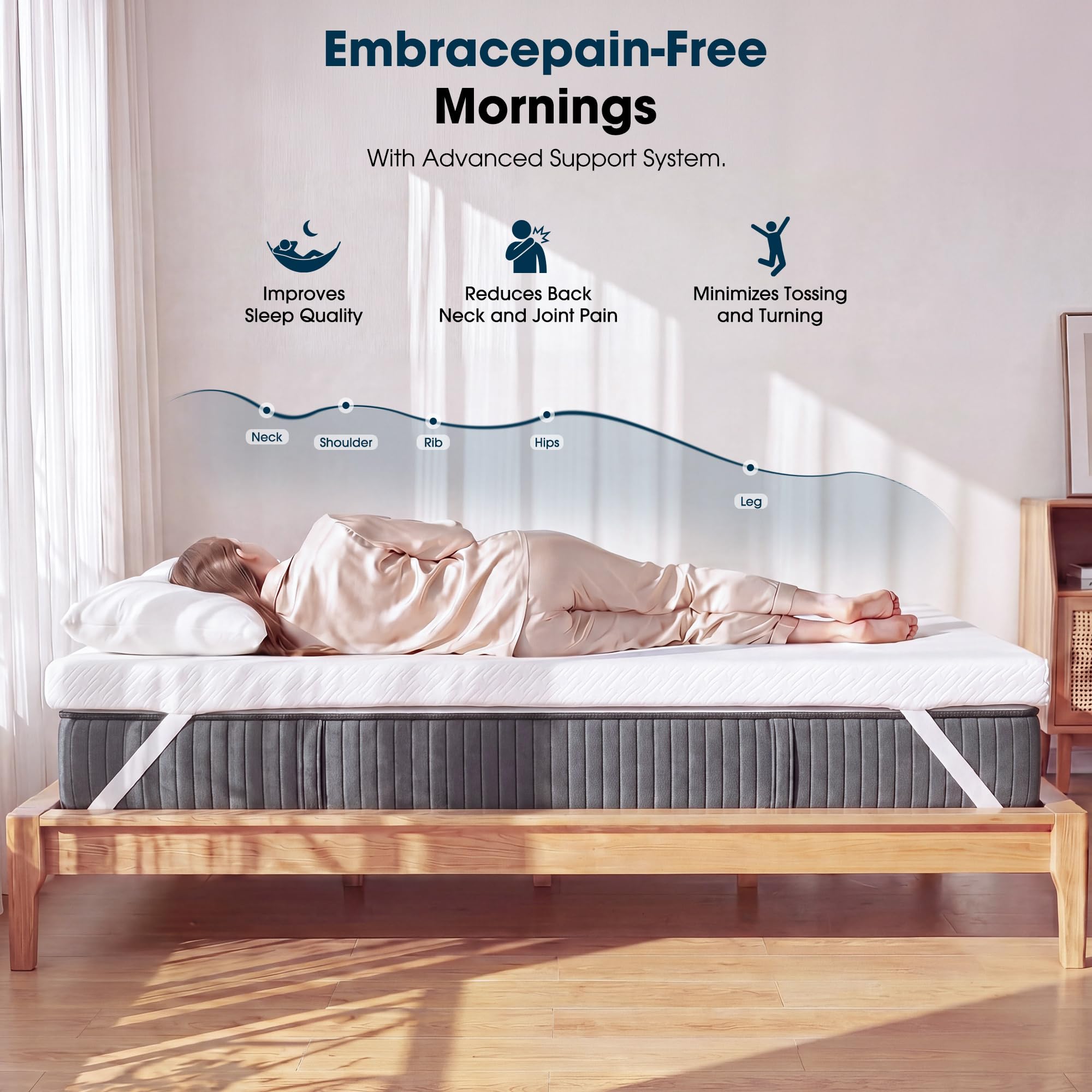 VALUXE king-size topper in bed highlights pressure-relief comfort and proper alignment