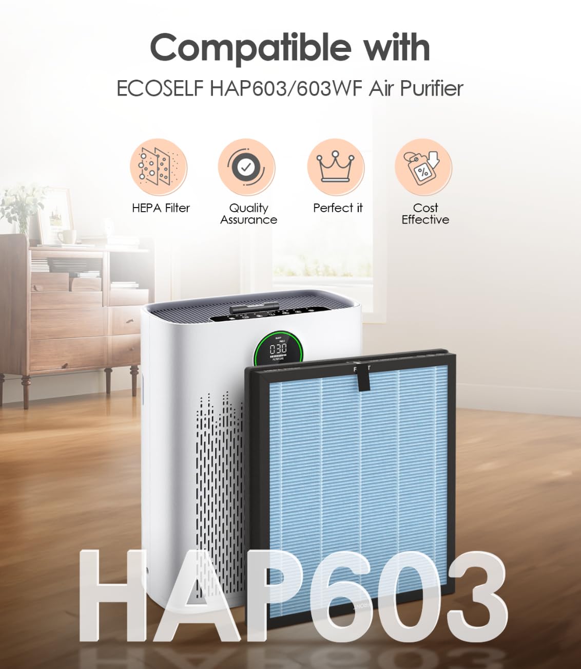 VALZONE HAP603 compatible filters shown in packaging, optimize room-wide purification.