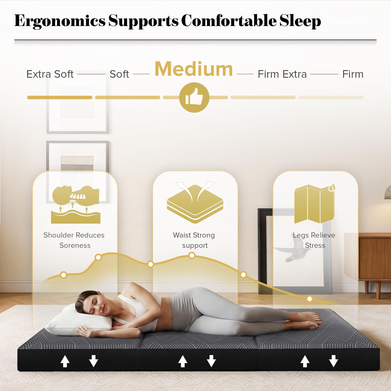 Vamcheer tri-folding mattress resilient foam base for durable support.