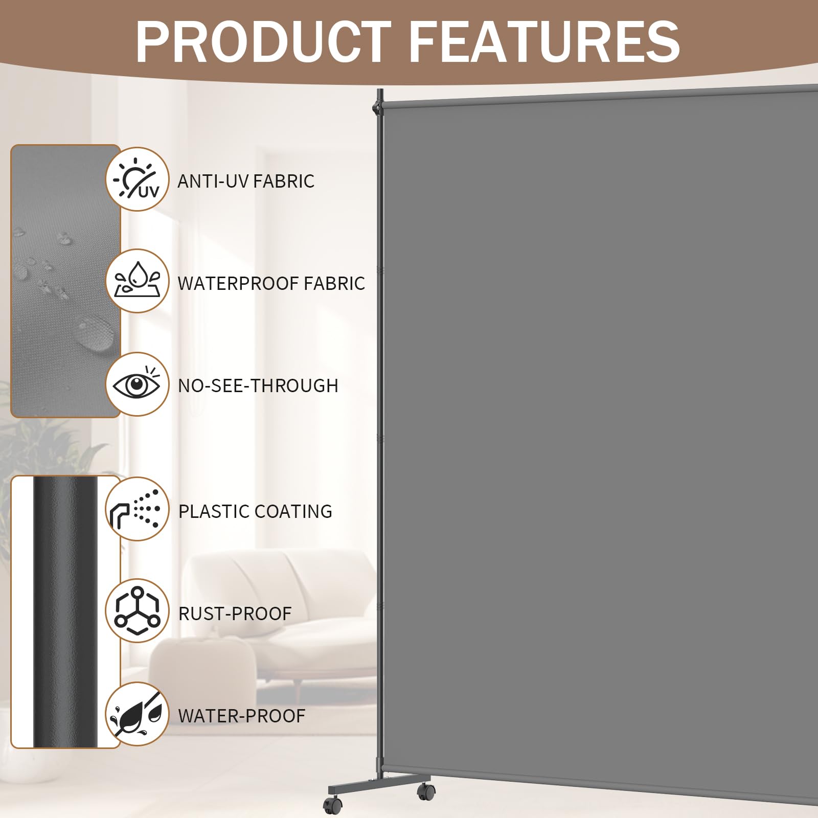 VAMFUTRE divider with caster wheels and brakes for easy repositioning.