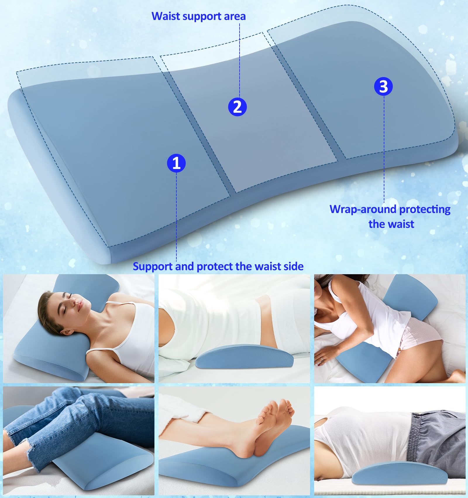 vamorry lumbar support pillow adapts to side, back, or stomach sleeping styles.