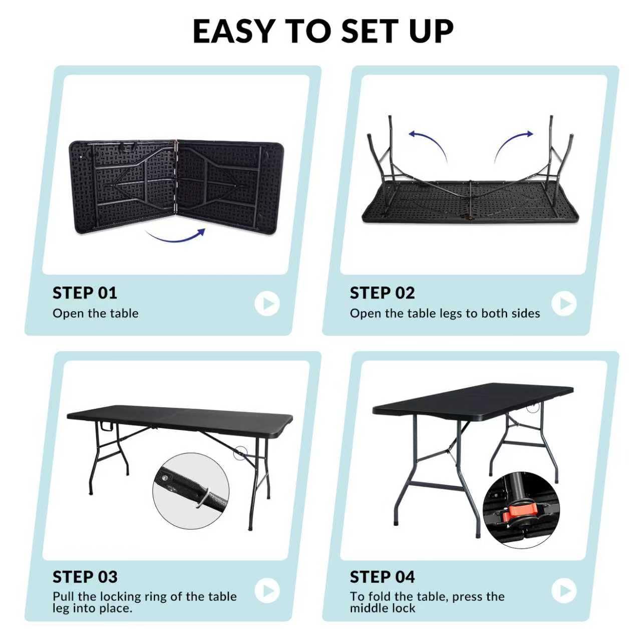 Vampire Killer 6ft folding table folded for easy trunk storage.