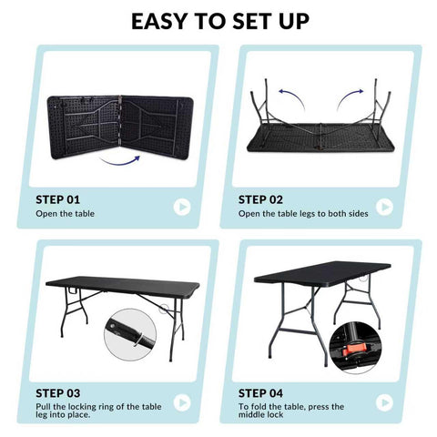 Vampire Killer 6ft folding table folded for easy trunk storage.