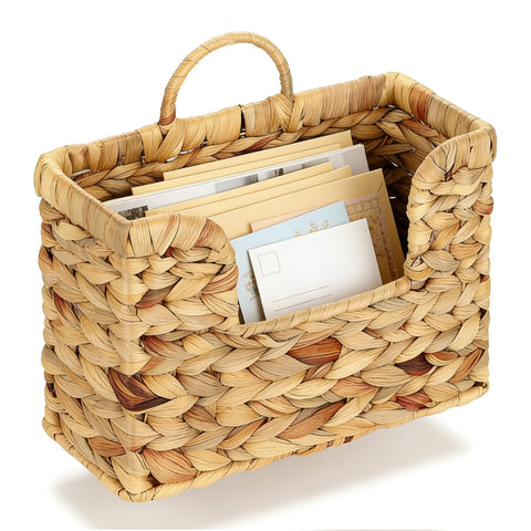 VANEME hanging magazine basket mounted on wall for space-saving mail and magazines.