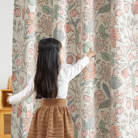 Vangao pink nursery curtains feature floral design and 63-inch length for full coverage.