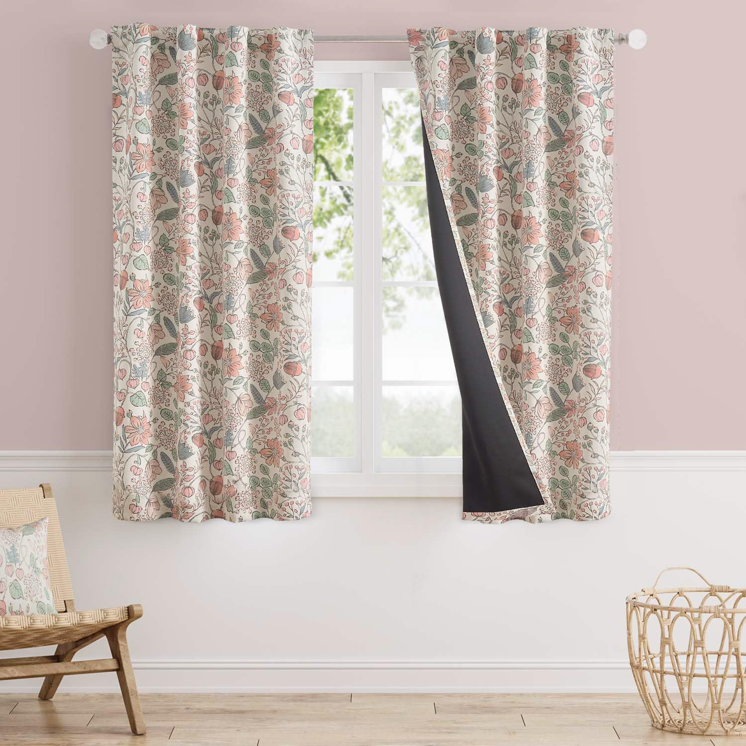 Vangao pink nursery curtains with floral pattern block out light for naps.