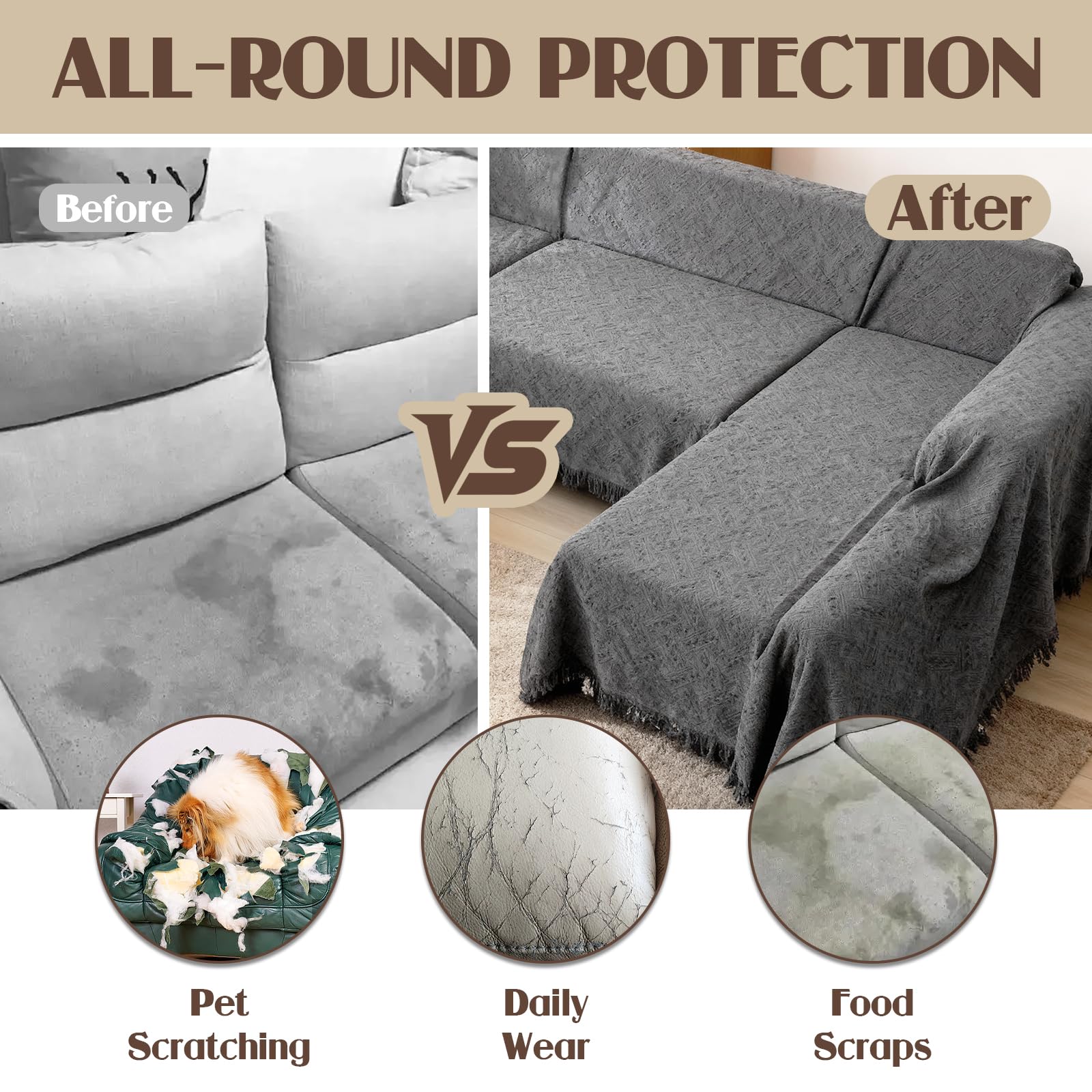 VANITURE U-Shape couch cover draped over sectional with two chaises.