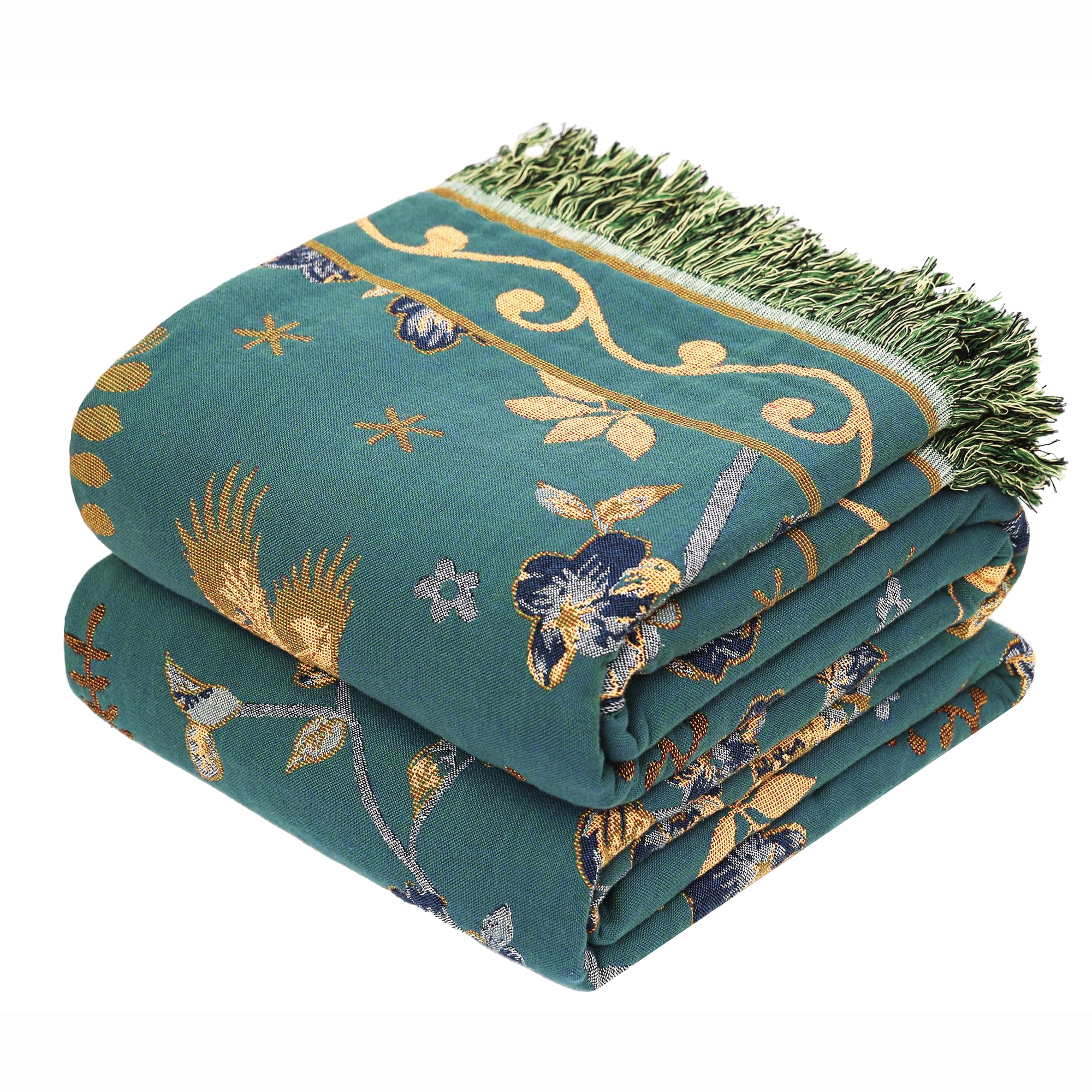 VANJOROY boho throw in teal and beige shown at 50x60 inches for bed or sofa use.