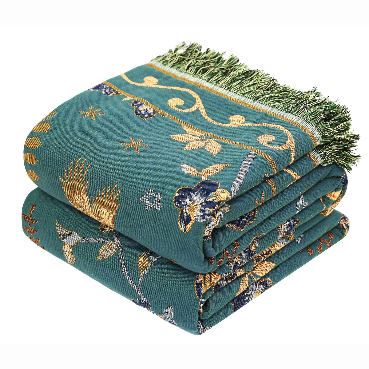 VANJOROY boho throw in teal and beige shown at 50x60 inches for bed or sofa use.