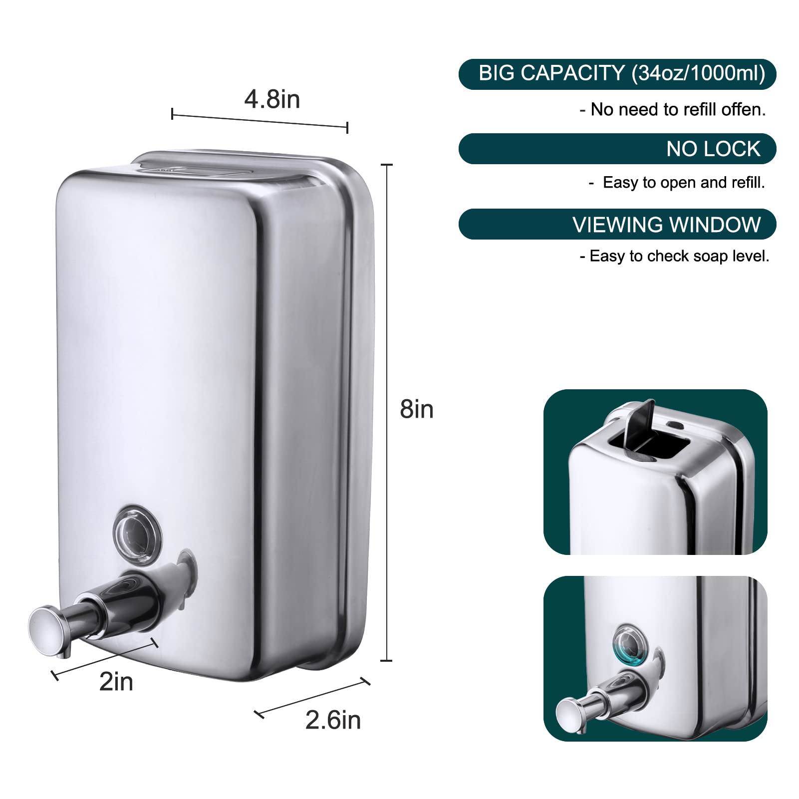 VANNSOO refill opening and transparent window enable easy monitoring in high-traffic areas