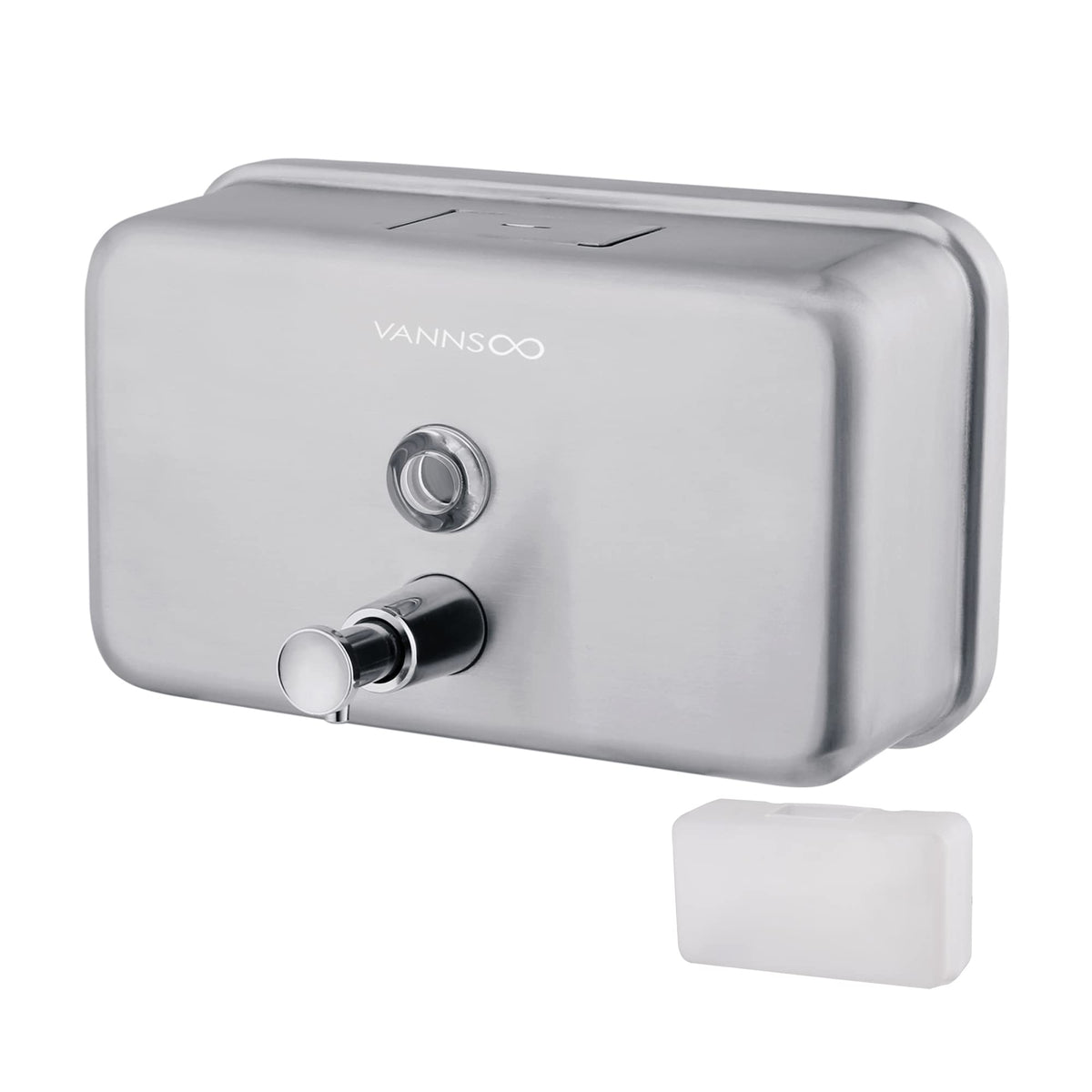 VANNSOO commercial wall-mount dispenser front view highlighting durable stainless steel, rust-proof design.