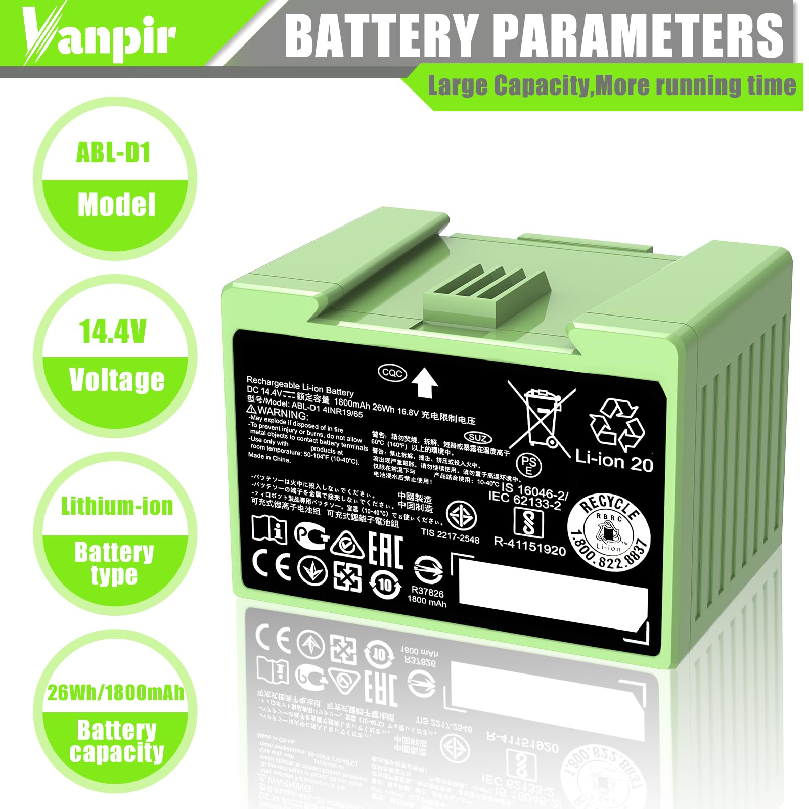 VANPIR ABL-D1 1800mAh capacity powers large cleaning sessions.