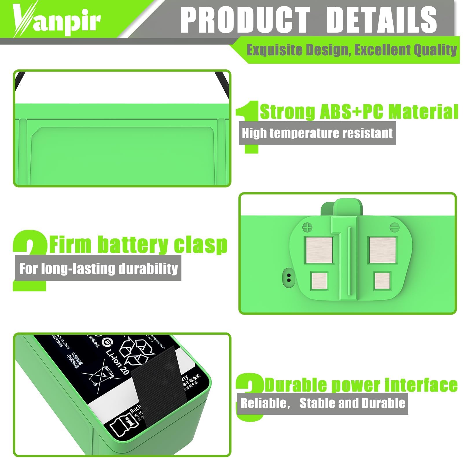 Vanpir Li-ion 3300mAh battery close-up for longevity.