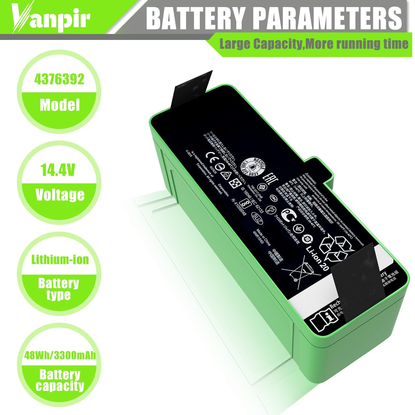 Vanpir Roomba 760 battery extends runtime between charges.