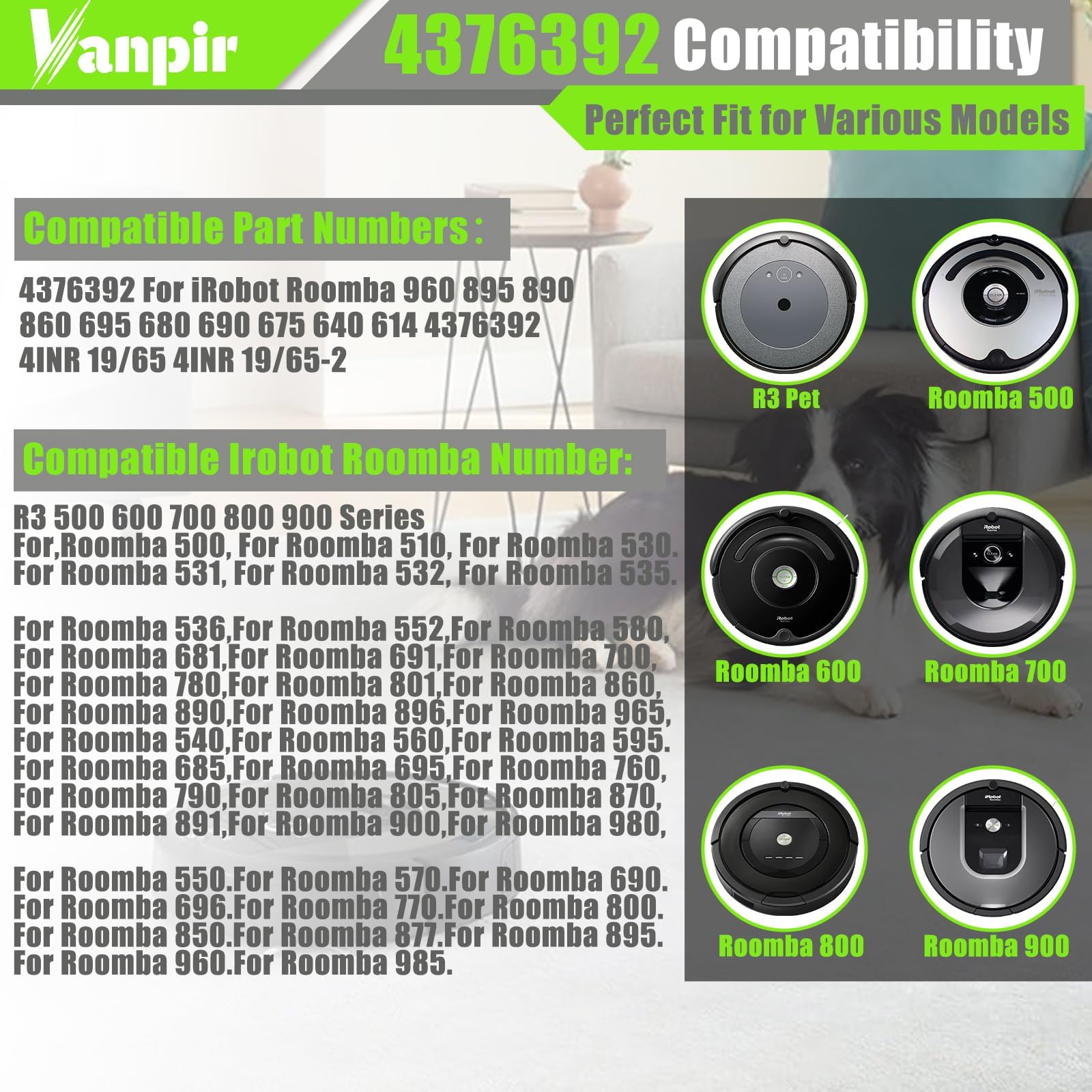 Vanpir Roomba 801 battery for uninterrupted floor cleaning.