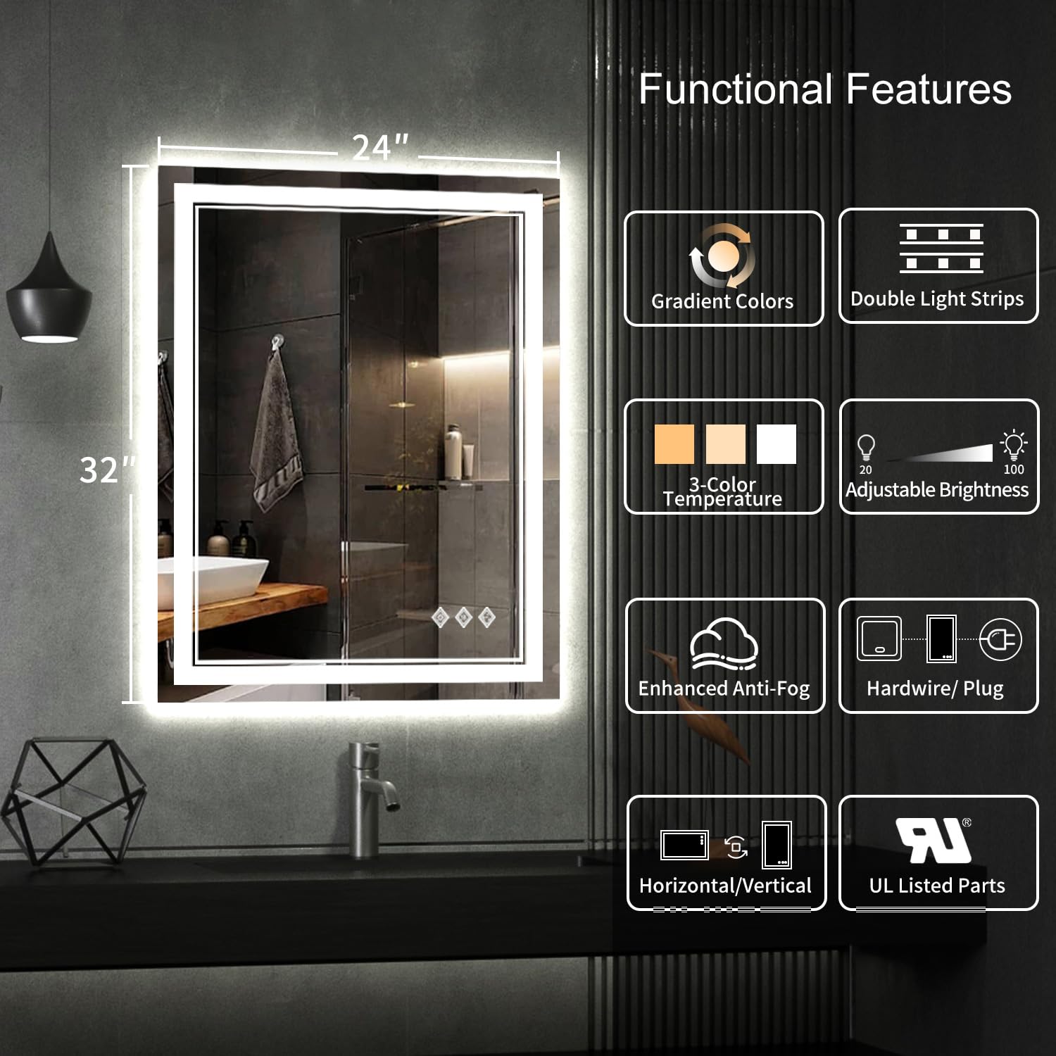 VanPokins mirror showing 3-color temperature to tailor warm, natural, or white lighting.
