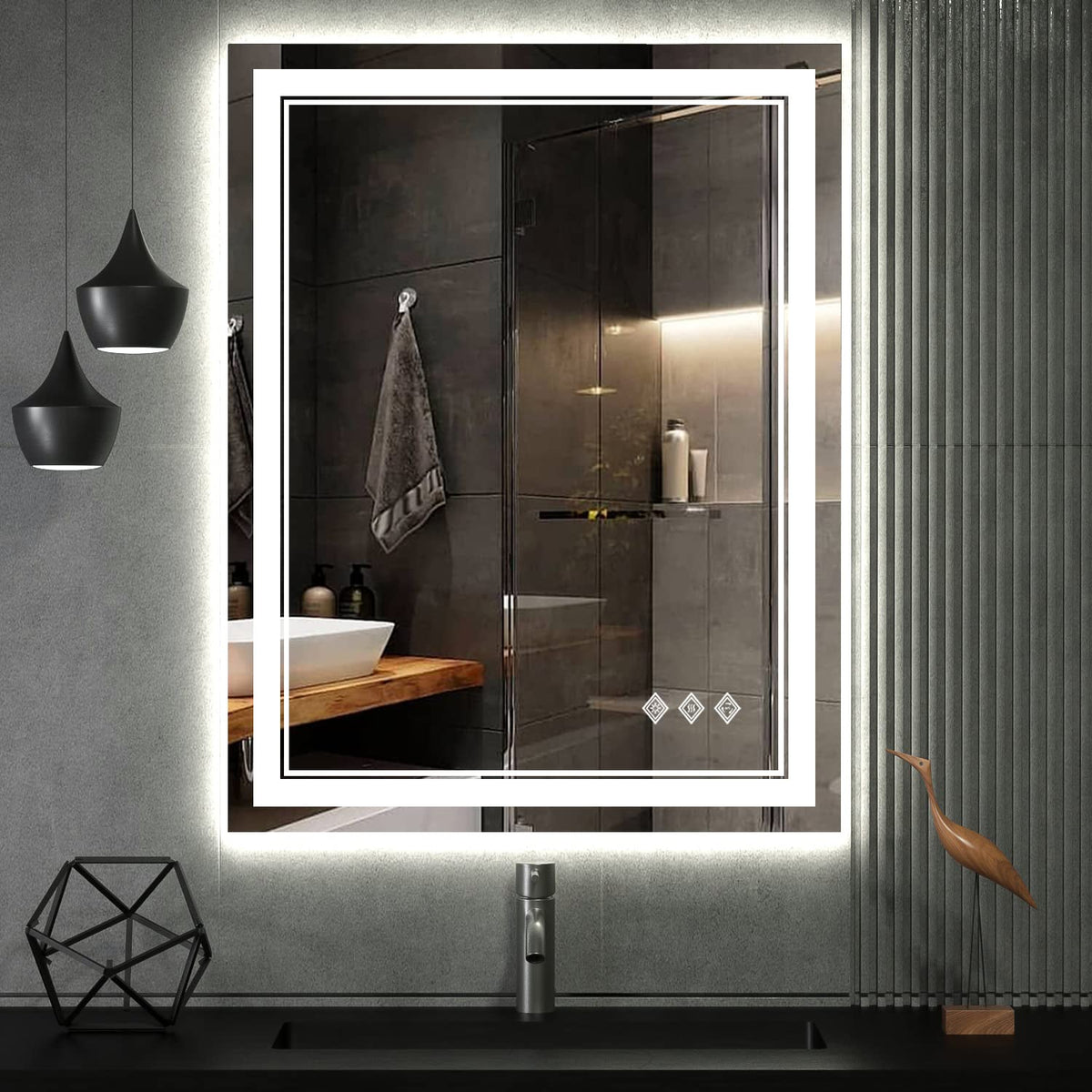 VanPokins LED bathroom mirror with gradient front-backlit lighting for elegant makeup sessions.