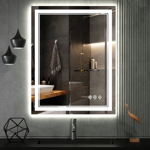 VanPokins LED bathroom mirror with gradient front-backlit lighting for elegant makeup sessions.
