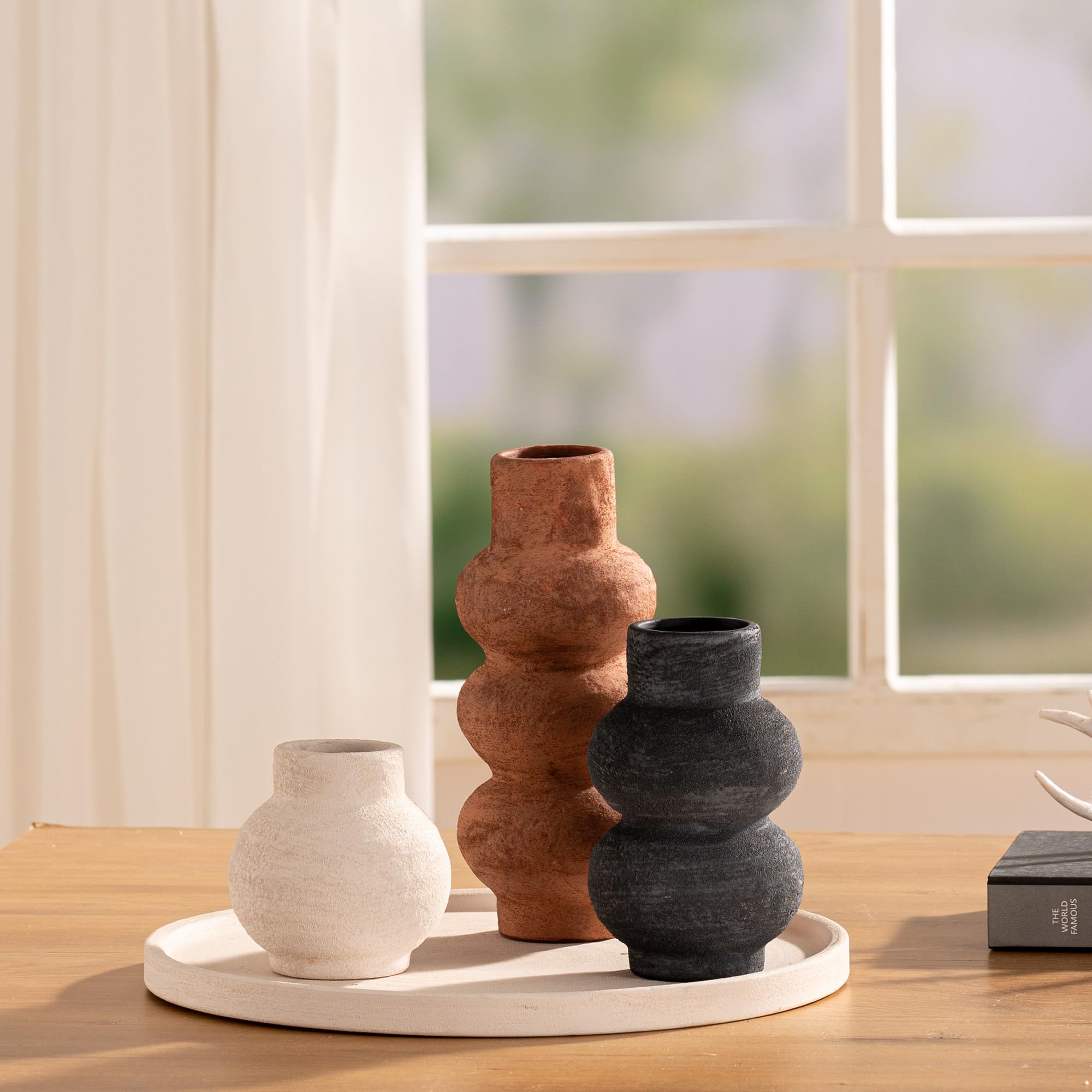 Vanselia vase set styled on living room table with rustic-modern vibe.