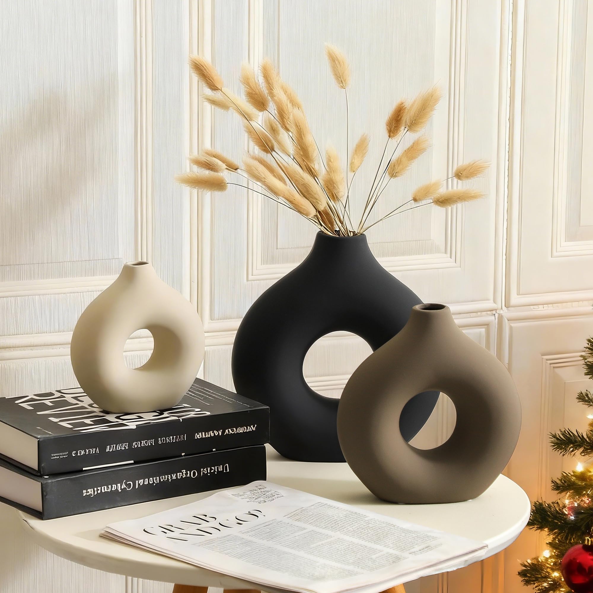 Vanselia donut-shaped ceramic vase small, adds whimsy to any room.