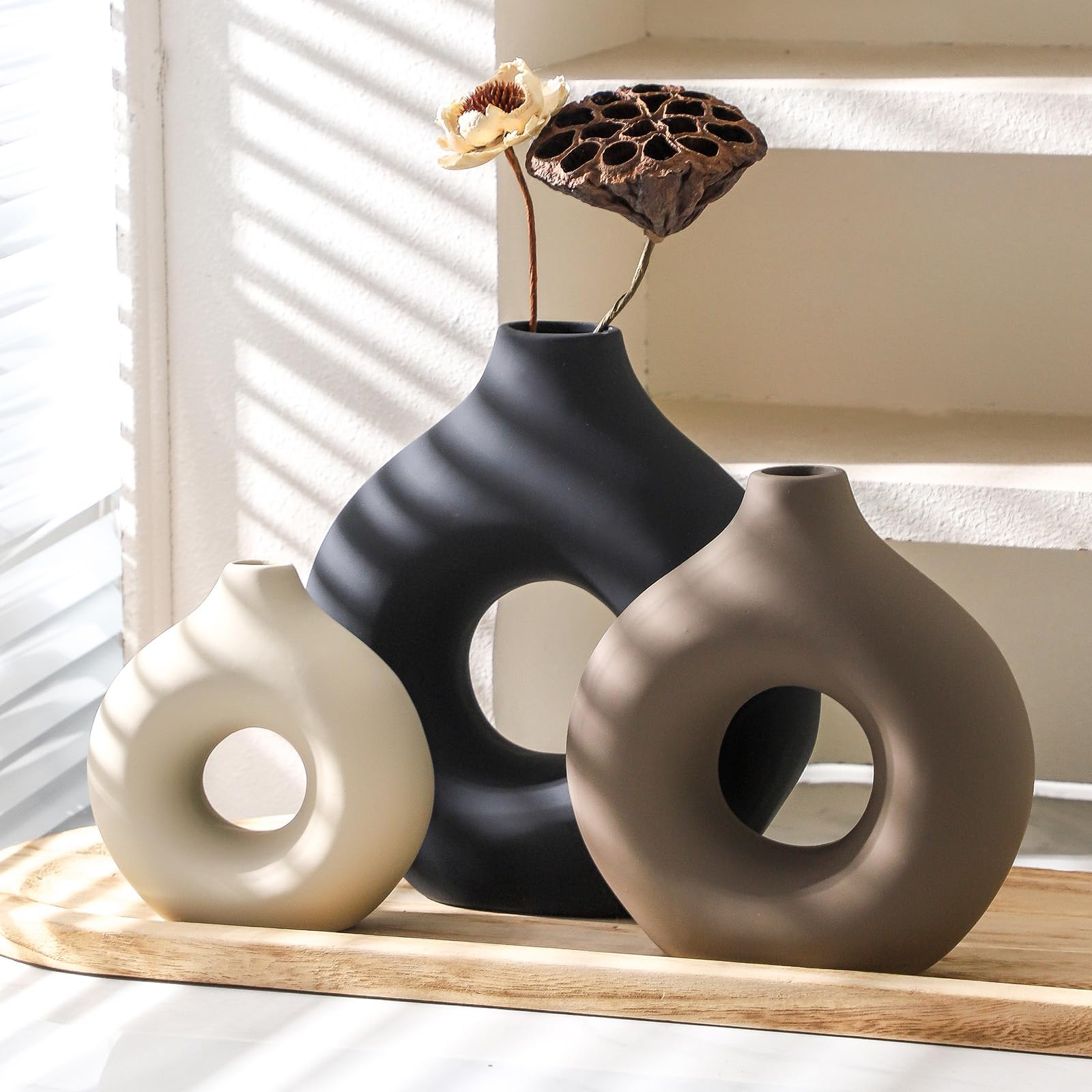 Vanselia vase for dried flowers and pampas grass adds texture.