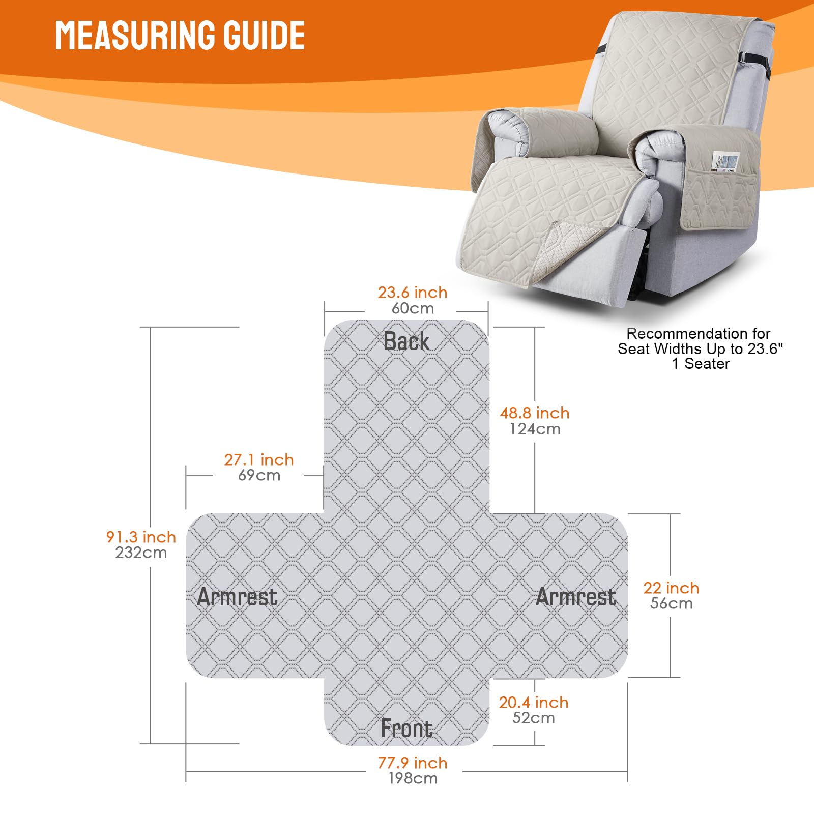 VANSOFY fit guide for 23.6-inch chair width ensures snug coverage.