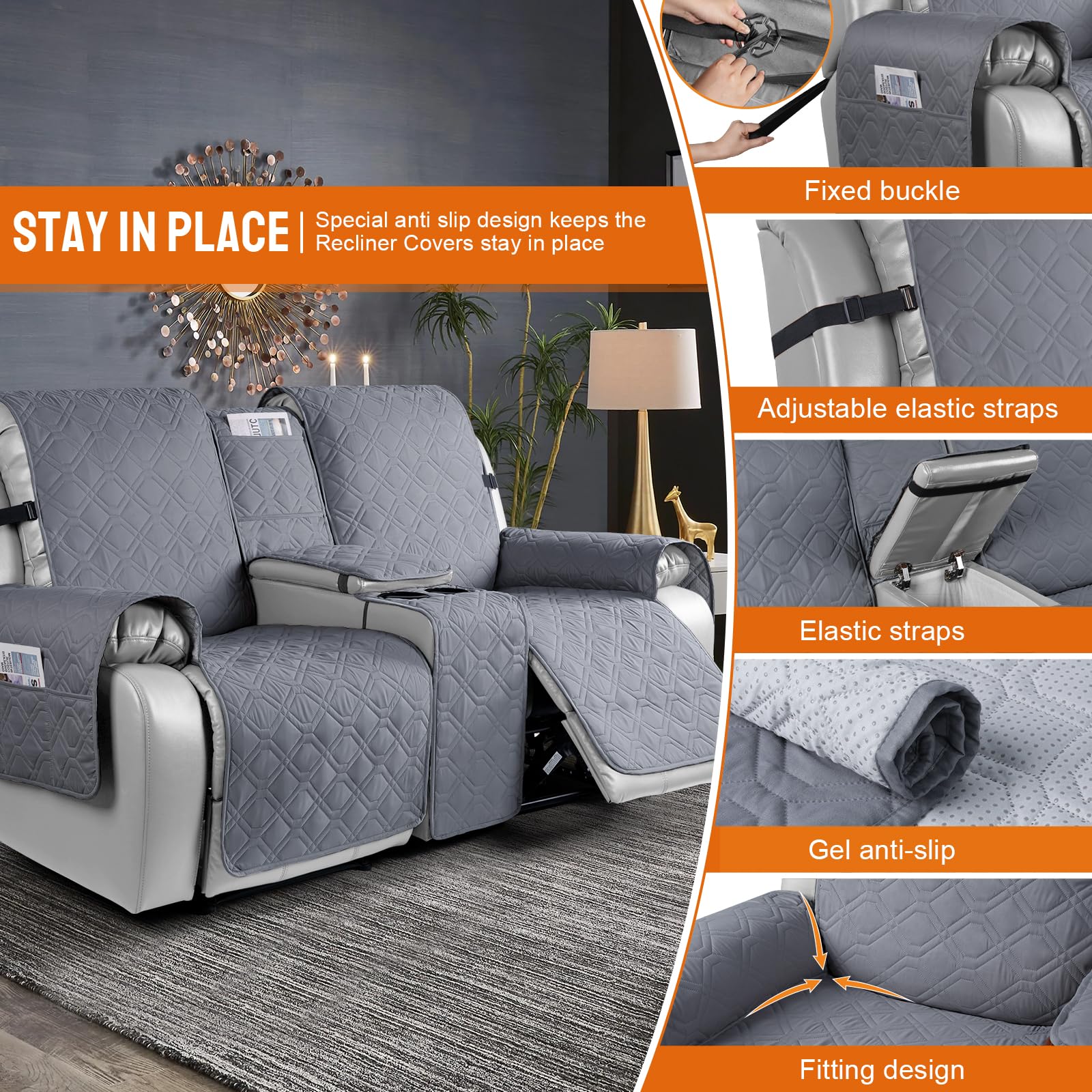VANSOFY recliner cover with anti-slip back straps keeps the chair secure.