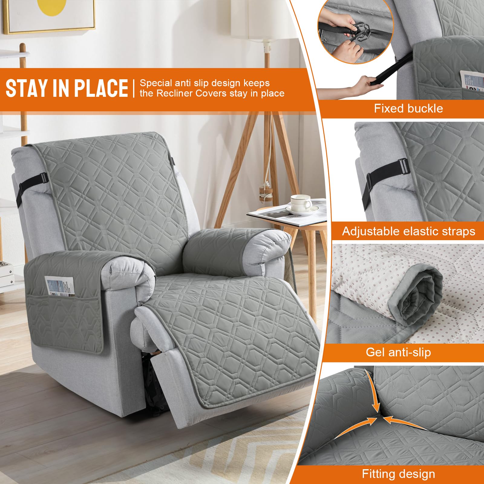 VANSOFY recliner cover demonstrates a dimension guide for a snug, tailored fit.