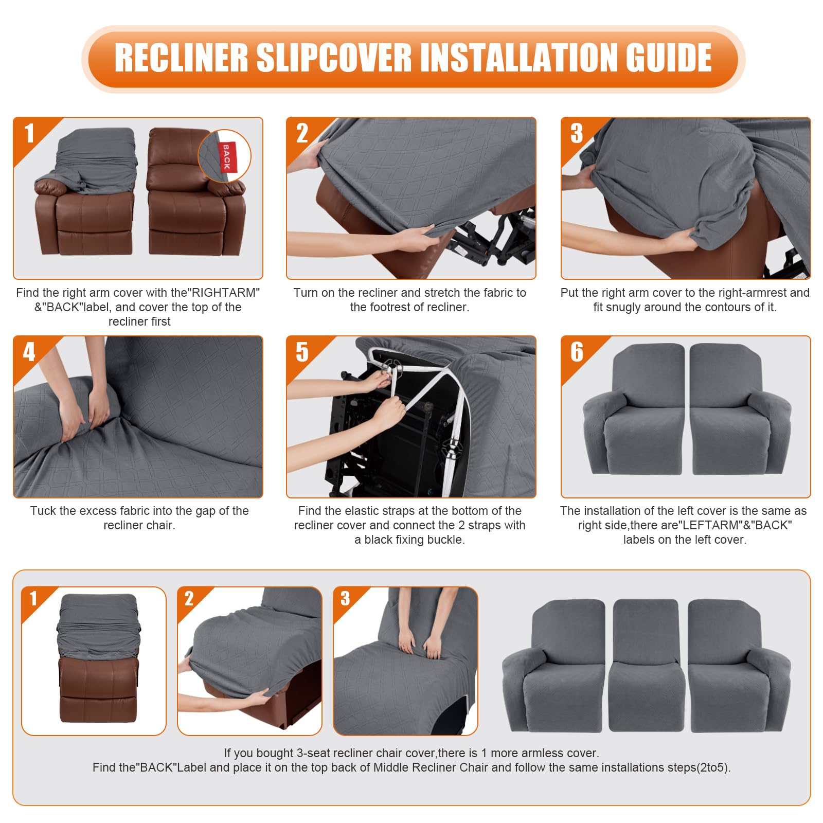 VANSOFY right-part recliner cover close-up shows flexible stretch fabric.