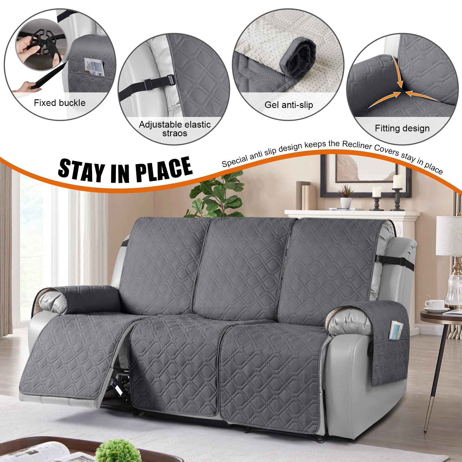 VANSOFY recliner cover with side storage pockets for remotes and phones.