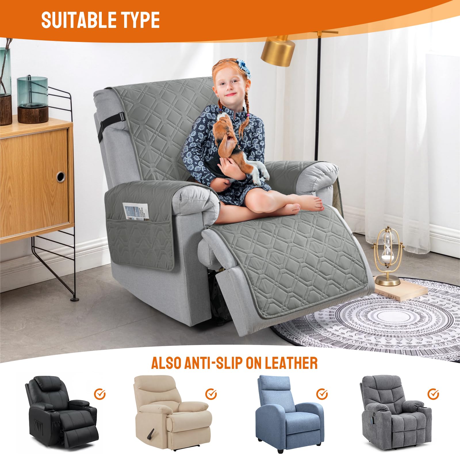 VANSOFY recliner cover features a convenient storage pocket for remotes and phones.