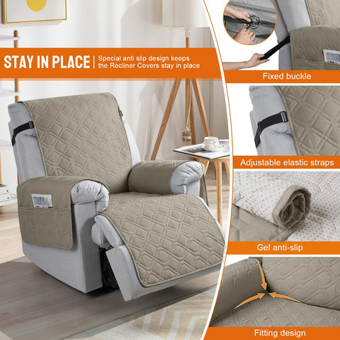 VANSOFY recliner cover shows three right-side pockets for remote and phone.