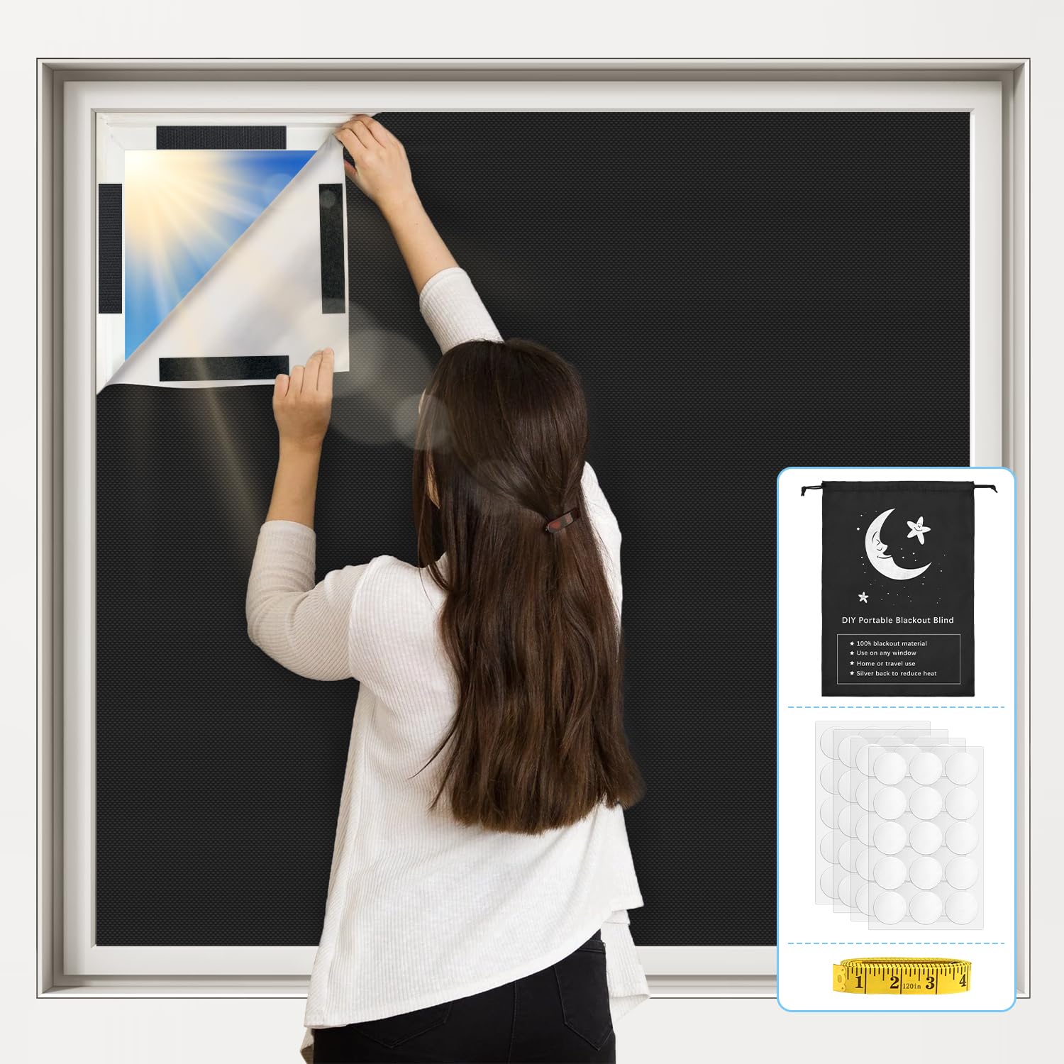 Vanten blackout curtains folded compactly for quick, portable travel use.