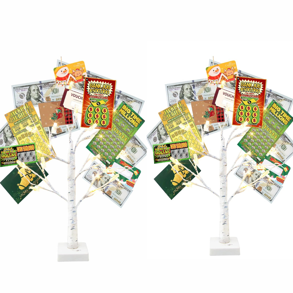Vanthylit money tree gift holder 2-pack with birch wrapped trunk and warm LEDs