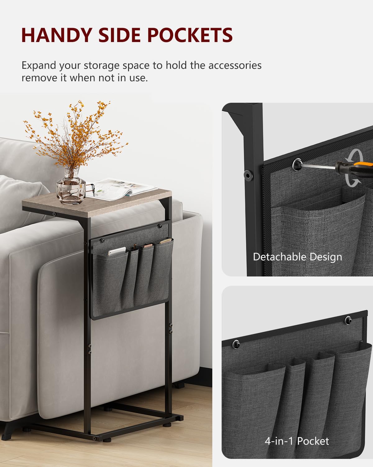 Vantic C Shaped End Table adjustable feet tackle uneven floors.
