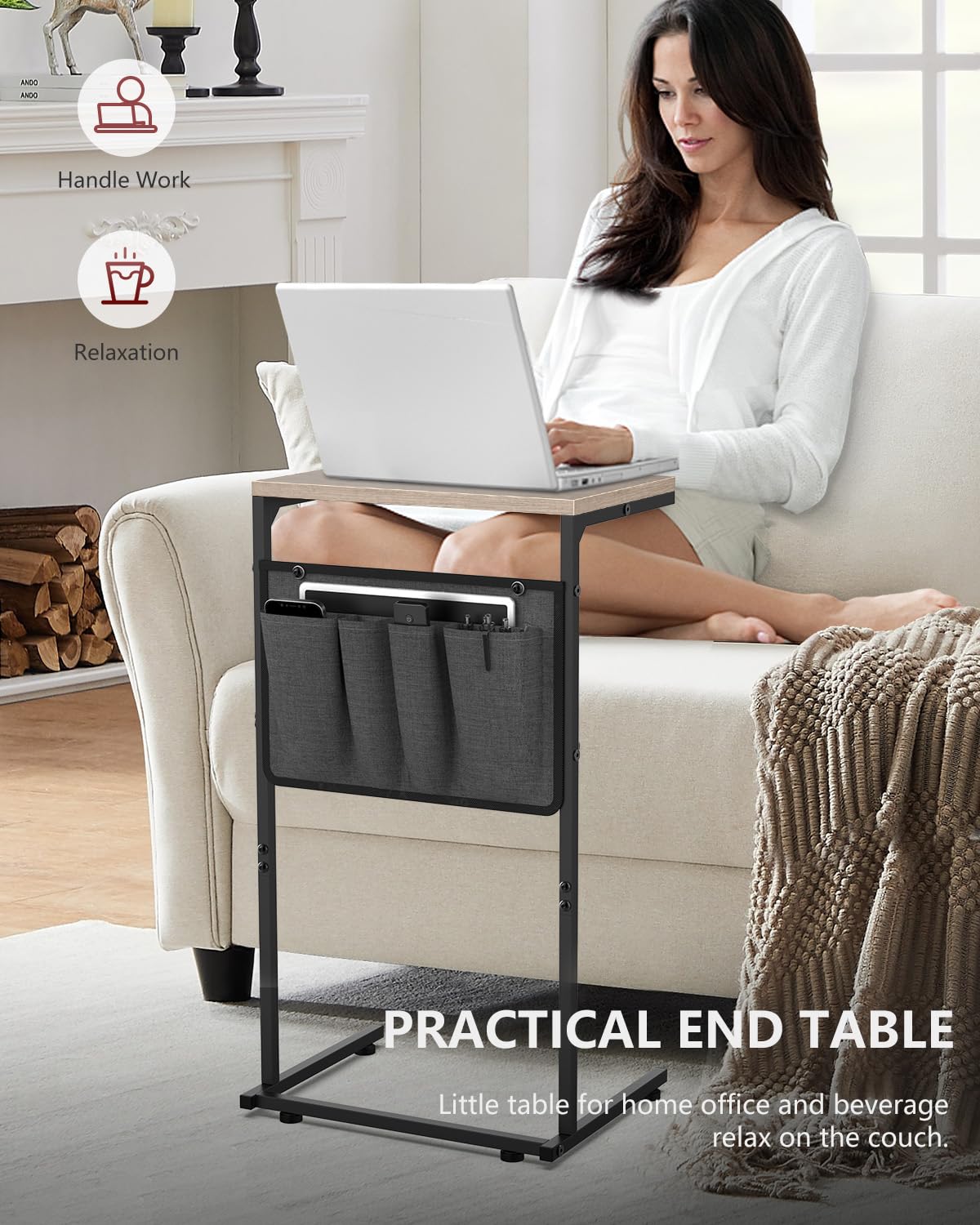 Vantic C Shaped End Table storage pocket open for remotes and phones.