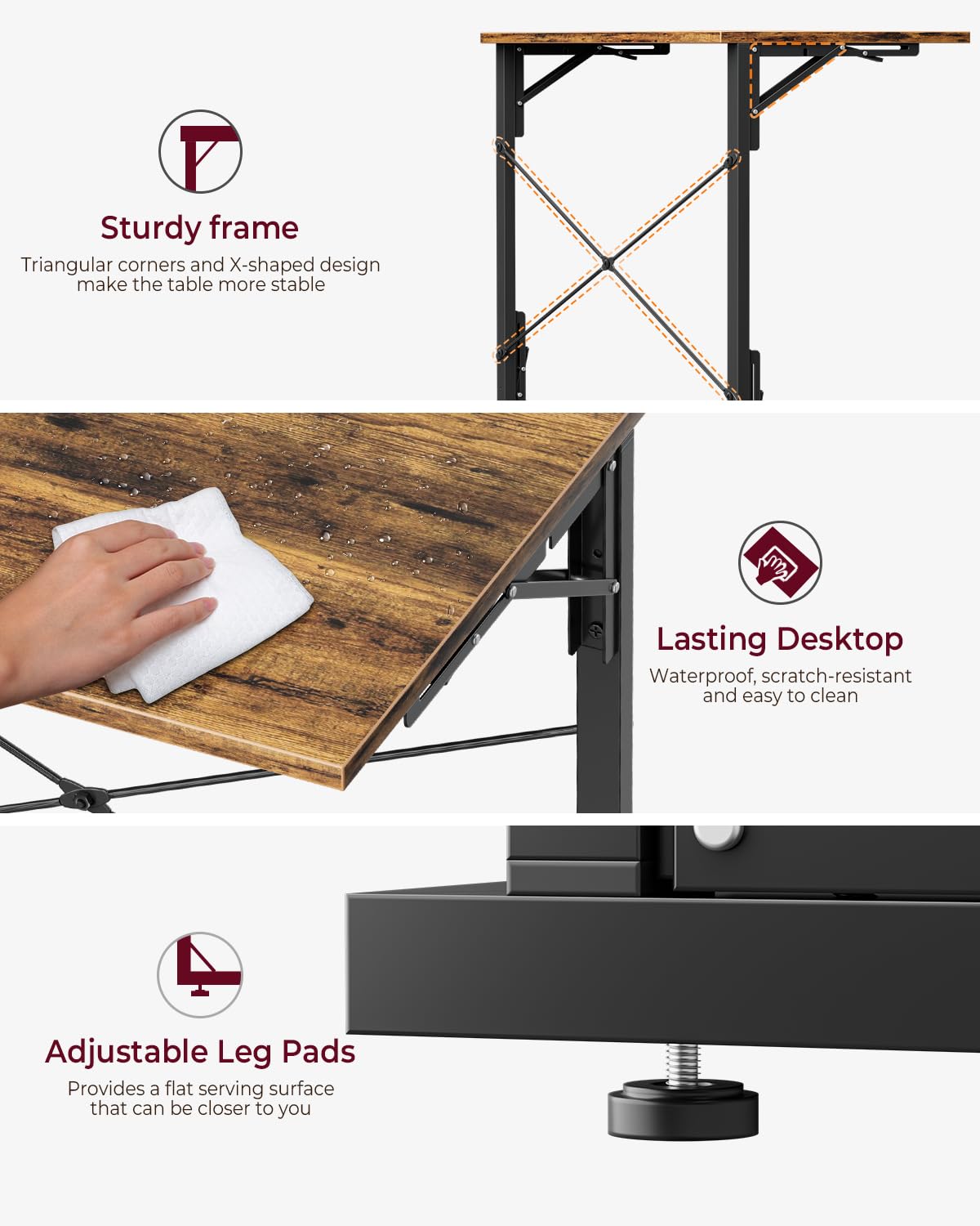 Vantic large surface supports laptop, meals, and writing tasks.