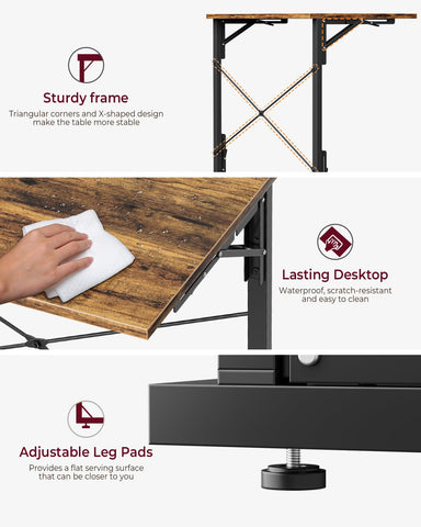 Vantic large surface supports laptop, meals, and writing tasks.