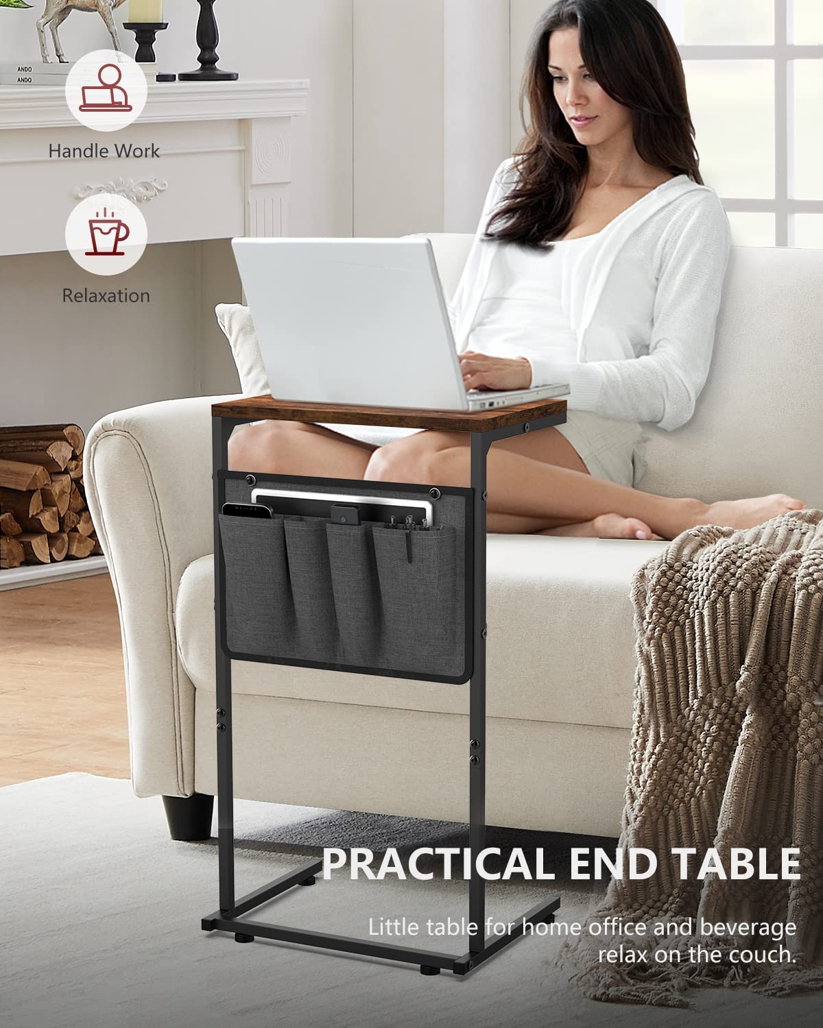 Vantic end table shown as laptop and dining surface beside seating