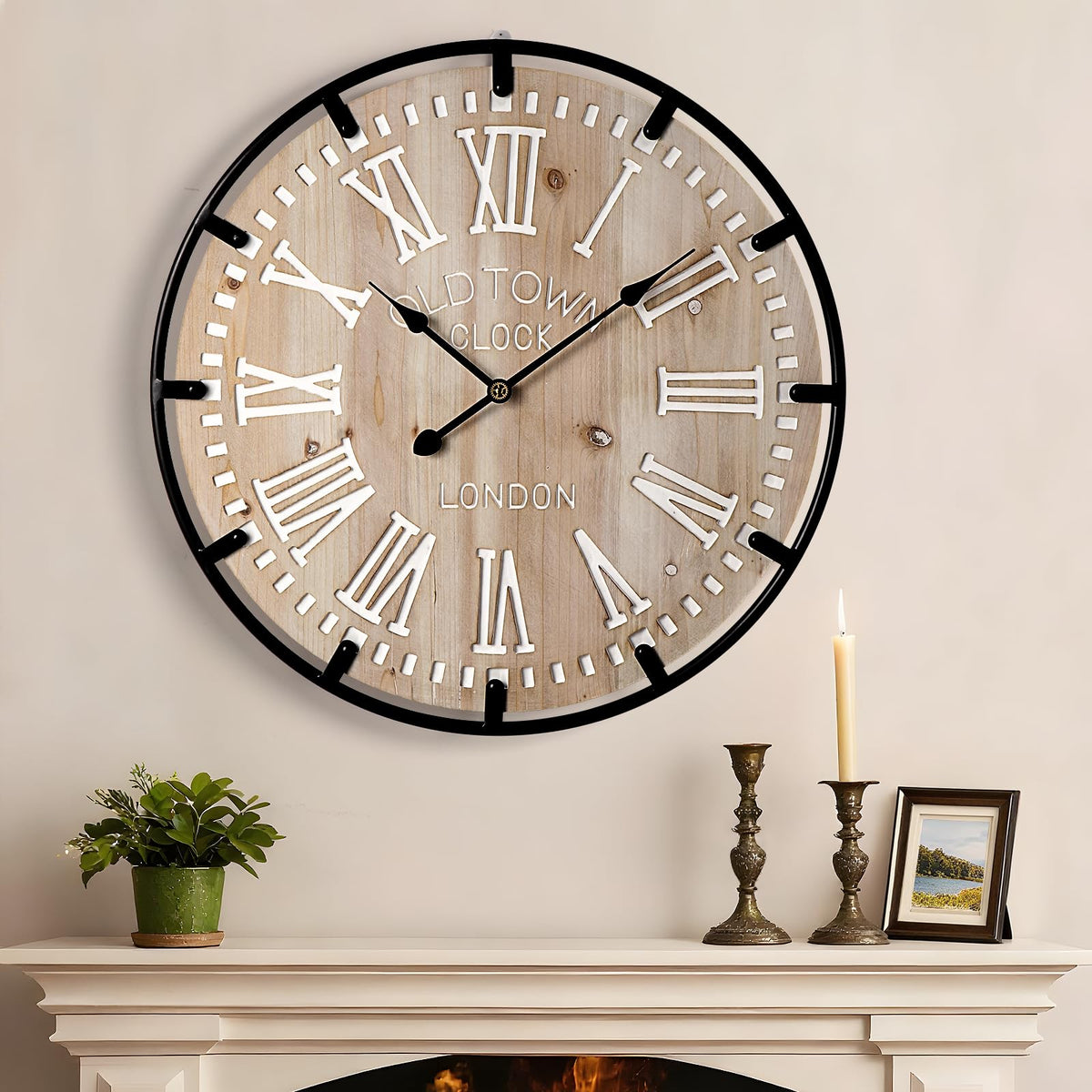 Vantic Farmhouse Clock with outer metal ring enhances vintage living room decor.