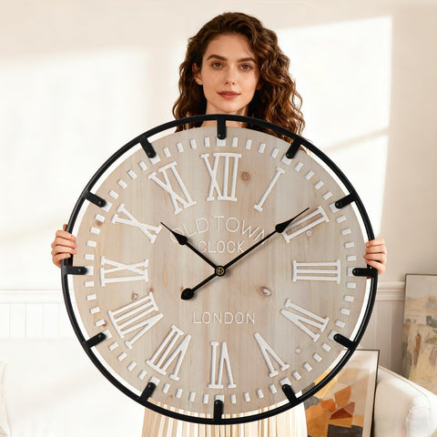 Vantic Farmhouse Clock with oversized wood face improves readability from across the room.