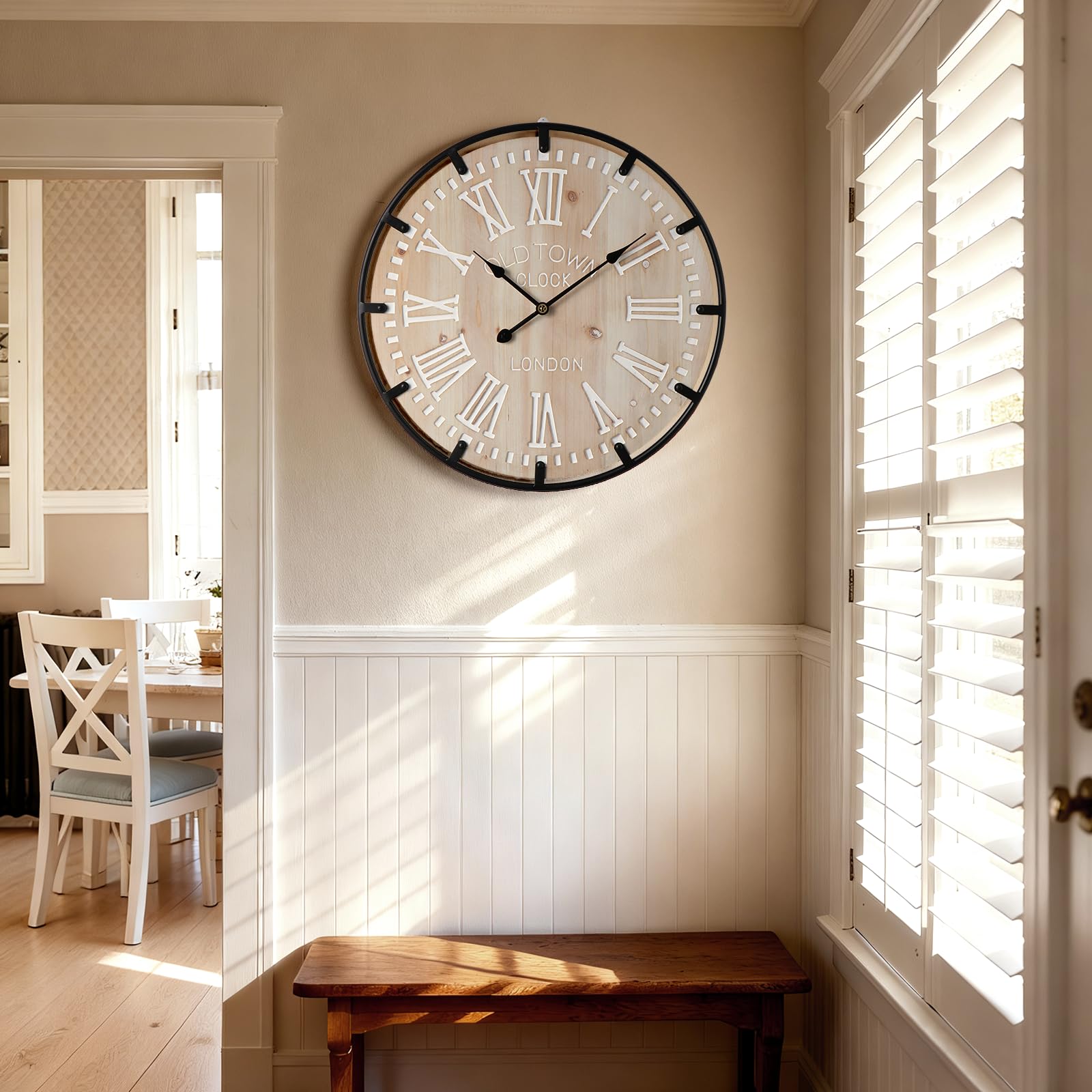Vantic Farmhouse Clock silent movement keeps your space peaceful without ticking.
