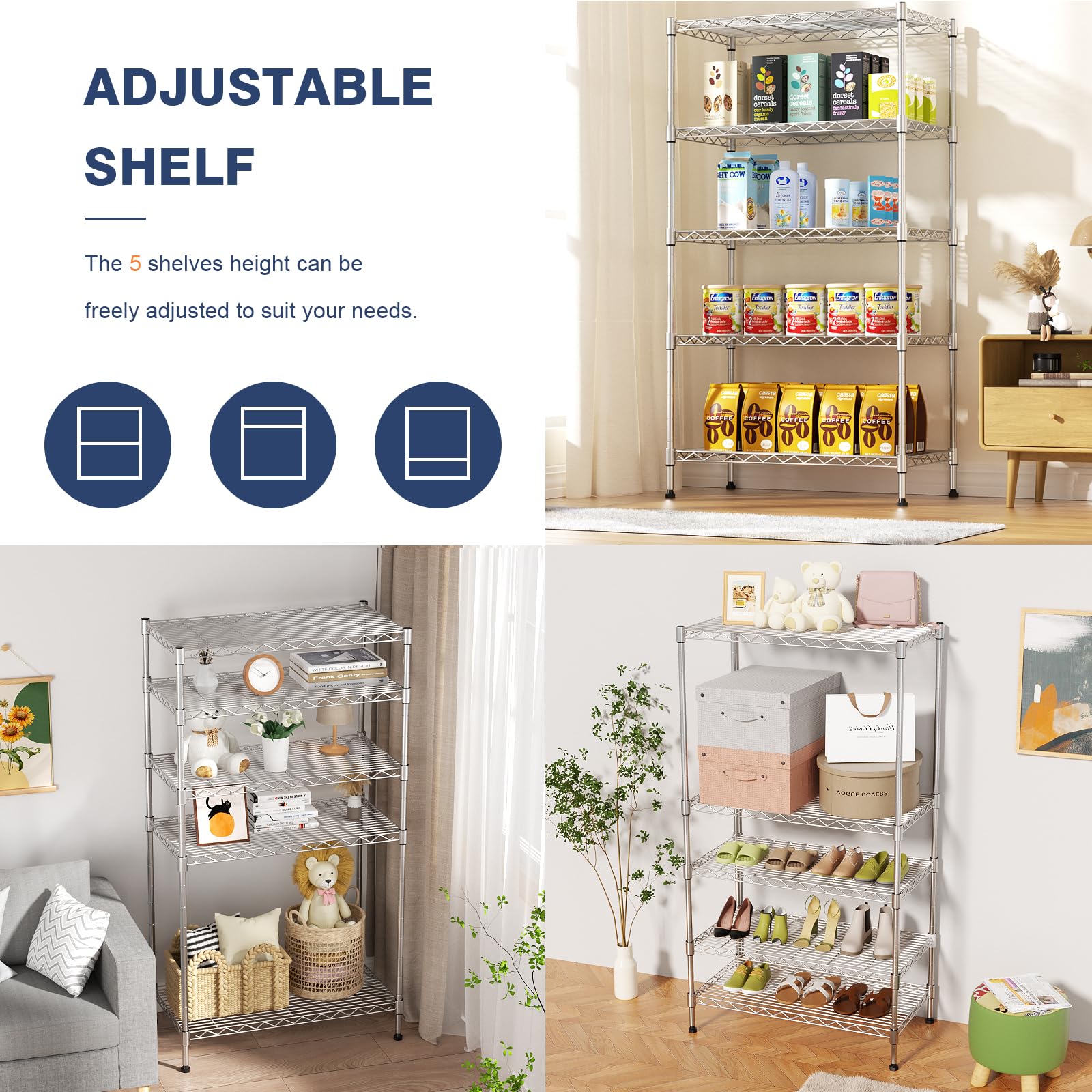 Adjustable tiers in 1-inch steps suit items of different heights