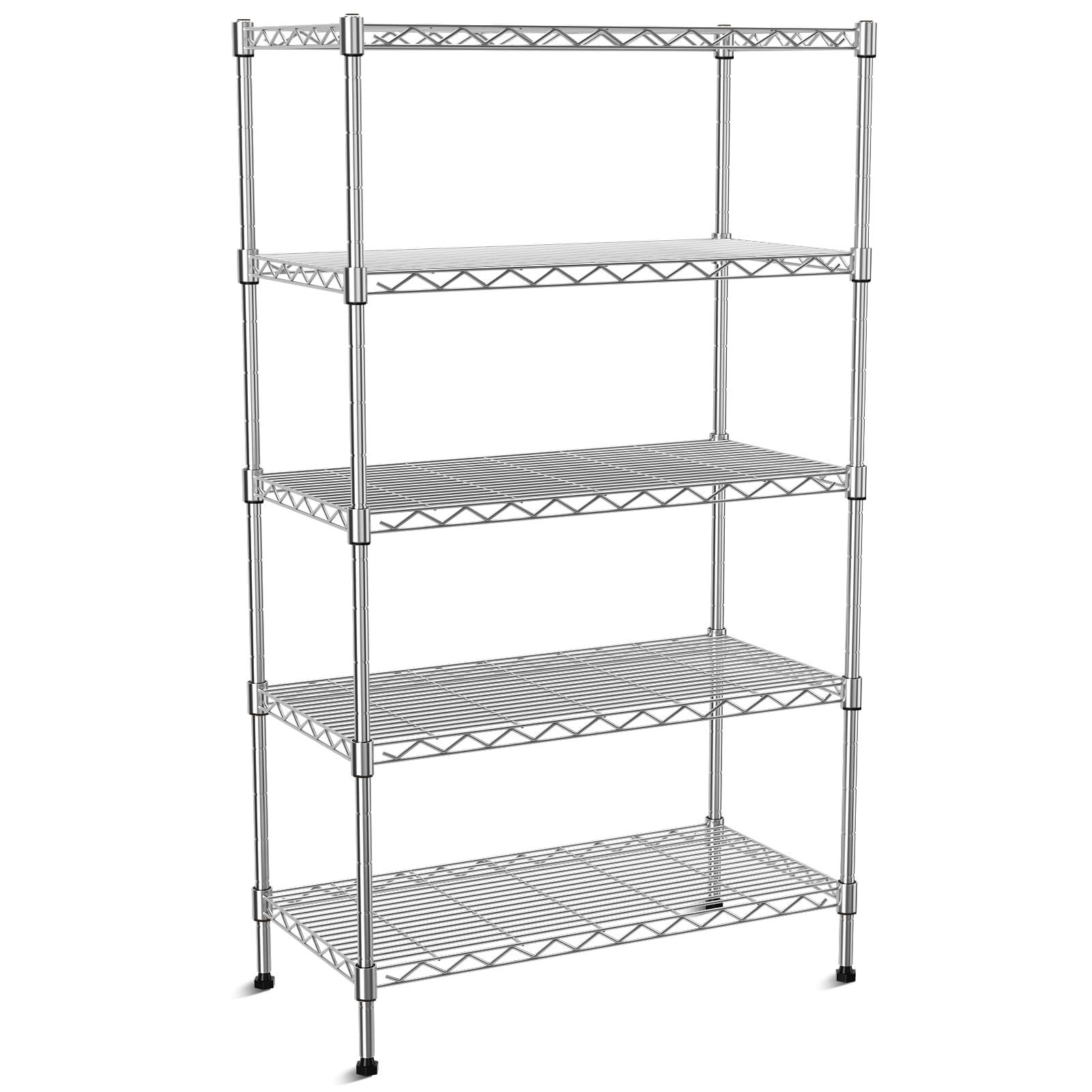 VANZBON 5-Tier shelf front view highlights sturdy chrome finish and strong load support
