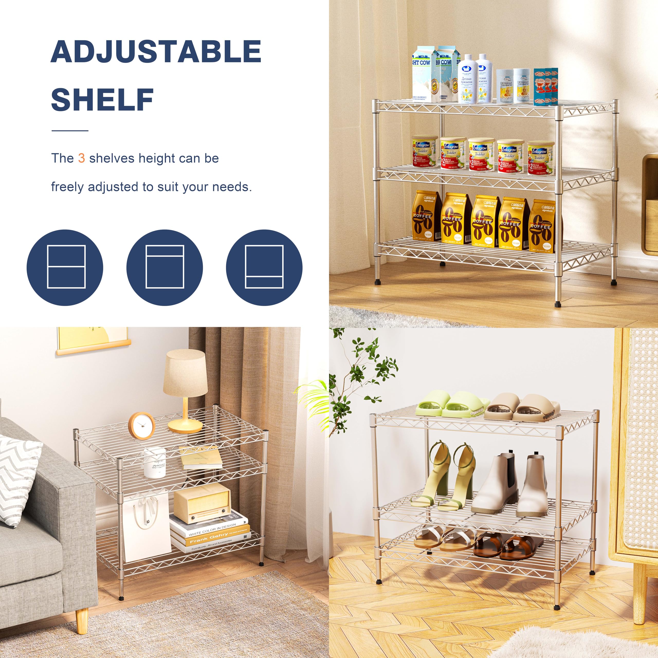 VANZBON 3-tier unit with height-adjustable shelves in 1-inch steps.